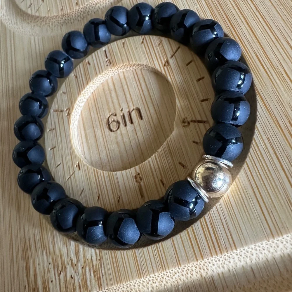 Matte w/ Polished Geo Design Onyx Stretch Bracelet w/ Gold & Silver Spacers